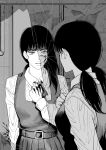  1girl blood blood_on_hands broken_mirror chainsaw_man collared_shirt dress dual_persona flower fourth_east_high_school_uniform greyscale highres kiunchiku long_hair long_sleeves low_twintails mirror mitaka_asa monochrome pinafore_dress ringed_eyes scar scar_on_cheek scar_on_face school_uniform shirt sleeveless sleeveless_dress twintails yoru_(chainsaw_man) 