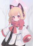  1girl a-pose absurdres animal_ear_headphones animal_ears bare_tree black_jacket blonde_hair blue_archive blurry blurry_background blush bow buttons cat_ear_headphones cat_ears cat_tail closed_mouth commentary fake_animal_ears fake_tail frilled_jacket frills hair_bow halo headphones highres jacket long_sleeves looking_at_viewer low-tied_sidelocks momoi_(blue_archive) multicolored_jacket osorii parted_bangs pink_eyes pink_halo red_bow red_jacket red_scarf scarf short_hair sidelocks smile solo split_mouth tail tree two-sided_fabric two-sided_jacket v-shaped_eyebrows white_jacket wide_sleeves winter winter_clothes 
