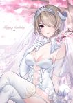  1girl absurdres breasts bridal_veil bride cherry_blossoms cleavage commentary_request crown dress earrings elbow_gloves fake_horns glint gloves gou_lianlian_dogface hair_over_one_eye happy_birthday heart heart_earrings highres honkai_(series) honkai_impact_3 jewelry legs_crossed looking_at_viewer medium_breasts navel navel_cutout outdoors petals purple_eyes ring rita_rossweisse short_hair smile solo strapless strapless_dress thighhighs tree under_tree veil wedding_dress wedding_ring white white_dress white_gloves white_legwear 