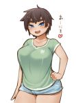  1girl bangs blue_eyes breasts brown_hair cowboy_shot green_shirt heart ichika_(ichika_manga) large_breasts mole mole_under_eye open_mouth original shirt short_hair short_sleeves shorts simple_background smile solo translation_request white_background 