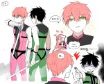  1girl 2boys alternate_universe angry black_hair brother_and_sister gloves green_eyes gun handgun heart highres holding holding_weapon korean_text laser long_hair multiple_boys pink_hair pink_keeper sakurama_hibiki sakurama_sesera sentai_daishikkaku sentouin_d siblings simple_background source_request weapon white_background white_gloves 