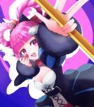  1girl breasts cleavage dress facial_mark fire_emblem fire_emblem_engage folded_twintails fur_wrist_cuffs hair_flaps hair_rings heart heart_facial_mark highres hoippuaniki holding holding_staff hortensia_(fire_emblem) looking_at_viewer medium_breasts open_mouth solo staff striped_clothes striped_dress wrist_cuffs 