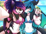  2018 alamea_(scalier) anthro bikini blue_eyes breasts cetacean clothed clothing digital_drawing_(artwork) digital_media_(artwork) dragon duo female hair horn humanoid hybrid looking_at_viewer mammal marine membranous_wings open_mouth orca rainbowscreen selfie smile standing swimsuit whale wings 