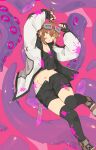  1girl absurdres arms_up bandaid bandaid_on_cheek bandaid_on_face bandaid_on_thigh black_gloves black_shirt black_shorts black_thighhighs blood blood_splatter boots breasts brown_boots brown_eyes brown_hair cleavage commentary crop_top fingerless_gloves full_body gloves goggles goggles_on_head groin hair_ornament highres jacket kokuya_(kokuya28) looking_at_viewer medium_breasts midriff navel open_clothes open_fly open_jacket open_mouth original panties pink_background pink_blood severed_tentacle shirt short_hair shorts solo symbol-only_commentary tentacles thighhighs tomboy underwear white_jacket white_panties x_hair_ornament 