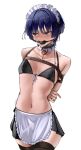  1boy absurdres alternate_costume apron ball_gag bdsm black_thighhighs blue_eyes bondage bound commentary covered_penis crossdressing crossdressing_(mtf) enmaided gag genshin_impact harris_hero highres maid maid_apron maid_headdress male_focus male_maid navel purple_hair saliva scaramouche_(genshin_impact) short_hair simple_background solo thighhighs thighs white_apron white_background 