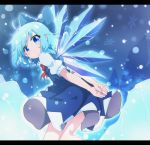 :&lt; ahoge arms_behind_back blue_bow blue_dress blue_eyes blue_hair bow cirno commentary_request do_(4-rt) dress from_side hair_bow highres ice ice_wings leaning_forward letterboxed looking_at_viewer medium_hair puffy_short_sleeves puffy_sleeves red_neckwear short_sleeves snowflakes solo touhou wings 