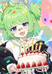  1girl absurdres ahoge antennae bandaid bandaid_on_face bandaid_on_nose birthday_cake blue_eyes cake candle ferumi_kaipa food green_hair hat highres holding holding_food indie_virtual_youtuber jacket kumoyufo open_clothes open_jacket open_mouth party_hat pointy_ears shirt smile two_side_up wings 