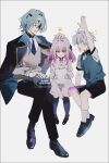  1girl 2boys age_difference aged_down anaxa_(honkai:_star_rail) ankle_bow antenna_hair aqua_hair aqua_sweater_vest arm_up ascot black_jacket black_pants black_pantyhose black_shoes black_shorts black_socks blue_eyes blue_necktie bow brooch butterfly_brooch castorice_(honkai:_star_rail) child closed_mouth collared_shirt colored_lapels contrast_collar crossed_legs crown_(symbol) dress eyepatch full_body grey_sweater hair_between_eyes hair_intakes hair_over_shoulder hair_ribbon hand_on_own_thigh headpat highres holding holding_paper honkai:_star_rail honkai_(series) invisible_chair jacket jacket_on_shoulders jewelry kurosumi_(kuro62114) lineup long_sleeves looking_at_another looking_at_object looking_at_viewer looking_down low_ponytail medium_hair multiple_boys multiple_rings necktie one_eye_covered open_mouth oxfords pants pantyhose paper parted_lips phainon_(honkai:_star_rail) pink_eyes pink_hair pointy_ears ponytail ribbon ring shirt shoes short_hair short_sleeves shorts simple_background sitting socks sparkle sweater teacher_and_student two-sided_fabric two-sided_jacket white_ascot white_background white_dress white_hair white_shirt white_socks 