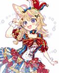  1girl :d ahoge animal_ear_fluff animal_ears blonde_hair blue_dress blue_hat blue_ribbon blush braid breasts cleavage collarbone commentary_request cowboy_shot dress fox_ears fox_girl hair_ornament hair_ribbon hand_up hat highres hololive long_hair looking_at_viewer mini_hat notamaru_2 omaru_polka omaru_polka_(1st_costume) open_mouth purple_eyes red_dress red_hat ribbon short_sleeves simple_background single_braid smile solo two-tone_hat virtual_youtuber w white_background white_dress x_hair_ornament 