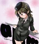  1girl abimaru_gup absurdres bespectacled black_necktie black_skirt blush breasts brown_hair character_request collared_shirt emblem garrison_cap girls_und_panzer glasses hat highres japanese_tankery_league_(emblem) large_breasts long_hair looking_at_viewer military miniskirt necktie pencil_skirt red_eyes selection_university_military_uniform shirt skirt skirt_suit smile solo suit translation_request twitter_username white_shirt 