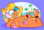  2019 anthro bandicoot bare_legs bare_shoulders bdsm beach big_(disambiguation) big_breasts bikini black_nose blonde_hair blue_eyes bondage bound breasts butt cleavage clothed clothing coco_bandicoot crash_bandicoot_(series) curly_hair detailed_background digital_media_(artwork) eyelashes female flower fur gag gagged hair hands_behind_back hi_res hogtied island legs_up long_hair looking_back lying mammal marsupial on_front orange_fur outside palm_trees pink_bikini pink_bottomwear pink_topwear plant polka_dots ponytail rope sand seaside shore sky solo swimsuit tempson thick_thighs tree video_games water 