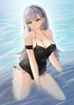  1girl absurdres ak-alfa_(girls&#039;_frontline) arm_behind_back arm_strap bare_shoulders between_legs breasts cleavage earrings full_body girls&#039;_frontline girls&#039;_frontline_2:_exilium hand_between_legs highres jewelry legs_apart long_hair medium_breasts notporred o-ring o-ring_swimsuit partially_submerged single_earring solo spaghetti_strap swimsuit thighs tololo_(girls&#039;_frontline_2) very_long_hair wet white_hair yellow_eyes 