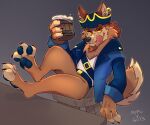  1boy animal_ears artist_name barefoot blue_coat claws closed_mouth coat colored_sclera coyote_boy cup earrings english_commentary fangs fangs_out feet_up furry furry_male grey_background hat highres holding holding_cup indigo_park jewelry looking_at_viewer male_focus mofu_gays no_pants notched_ear pawpads pirate_hat red_eyes shirt single_earring skurv_the_coyote smile tail tongue tongue_out white_shirt wolf_ears wolf_tail wooden_cup yellow_sclera 