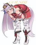  1girl absurdres animal_ears armband bare_shoulders bent_over blunt_bangs boots bow bowtie brown_hat ceramicnoise dress ear_bow ear_covers ear_ornament ear_ribbon english_commentary english_text full_body gloves gold_ship_(umamusume) hands_on_own_legs hat high_heel_boots high_heels highres horse_ears horse_girl horse_tail long_hair o-ring pillbox_hat pink_eyes red_bow red_bowtie red_dress sleeveless sleeveless_dress smile solo sweat tail thigh_strap umamusume white_background white_gloves white_hair 