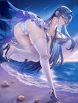  1girl absurdres arched_back arknights ass astesia_(arknights) beach blue_eyes blue_hair blue_skirt breasts chinese_commentary commentary_request high_heels highres large_breasts lingshalan long_hair looking_at_viewer night night_sky ocean outdoors paid_reward_available panties sandals shell shooting_star skirt sky smile solo starfish striped_clothes striped_panties thighhighs tree underboob underwear very_long_hair wet white_thighhighs 