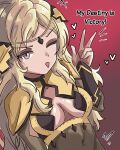  &gt;:) 1girl ;&gt; ;d absurdres blonde_hair bodystocking breasts circlet cleavage covered_navel english_text fire_emblem fire_emblem_fates gold_cape graysideart grey_eyes heart highres long_hair medium_breasts one_eye_closed ophelia_(fire_emblem) smile smug solo v-shaped_eyebrows w 