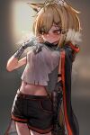  1girl animal_ear_fluff animal_ears arknights black_shorts blonde_hair blush breasts closed_mouth cowboy_shot crop_top dsr147g embarrassed fingerless_gloves gloves grey_shirt groin hair_ornament hairclip highres hot mechanical_arms medium_breasts midriff navel nose_blush orange_eyes shirt short_hair short_shorts shorts single_fingerless_glove single_glove single_mechanical_arm solo standing steaming_body sweat torn_clothes torn_shirt vermeil_(arknights) white_gloves 