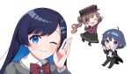  3girls :o ;) ;d ahoge binchou_maguro black_boots black_bow black_bowtie black_jacket black_pants black_ribbon black_shoes black_skirt blue_eyes blue_hair blue_hairband boots bow bowtie brown_eyes brown_hair cevio chibi closed_mouth collared_shirt commentary_request futaba_minato grey_jacket hair_ornament hair_ribbon hairband hand_up hands_up hat high_heel_boots high_heels highres jacket long_hair long_sleeves multiple_girls musical_note musical_note_hair_ornament one_eye_closed open_clothes open_jacket outstretched_arm pants red_bow red_bowtie red_hat red_jacket ribbon satou_sasara shirt shoes short_hair simple_background skirt smile striped_bow striped_bowtie striped_clothes suzuki_tsudumi treble_clef white_background white_shirt 