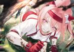  1girl absurdres animal_ears blush bow buruma commentary_request crying crying_with_eyes_open dirty ear_bow ear_covers fingerless_gloves gloves haru_urara_(umamusume) headband highres horse_ears horse_girl horse_tail jacket long_hair on_ground open_clothes open_jacket open_mouth pink_hair pink_tail purple_eyes red_buruma red_gloves red_headband renoahh shirt solo tail tearing_up tears umamusume white_bow white_jacket white_shirt 