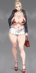  1girl areola_slip bag black_jacket blonde_hair blue_eyes blue_gemstone bra breasts cleavage collarbone covered_nipples cropped_jacket excessive_pubic_hair female_pubic_hair final_fantasy final_fantasy_vii full_body gem grey_background hand_on_own_hip handbag highres huge_breasts jacket jewelry looking_at_viewer mature_female medium_hair microskirt nanabe_78 navel navel_piercing no_panties open_clothes open_jacket parted_lips pendant piercing platform_shoes pleated_skirt pubic_hair pussy red_bag red_bra scarlet_(ff7) sidelocks skirt solo standing steam stomach sweat thighs underwear white_skirt 