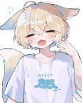  1girl animal_ears blonde_hair closed_eyes cotono_(nazekun) flying_sweatdrops fox_ears fox_girl fox_tail hand_up highres hot open_mouth original shirt short_hair solo sweat t-shirt tail upper_body white_background white_shirt 