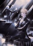  2boys absurdres black_jacket black_pants blonde_hair bow bowtie buttons closed_eyes copyright_name english_text eyelashes highres holding_baton instrument jacket light_rays long_sleeves male_focus millions_knives mole mole_under_eye multiple_boys music pants playing_instrument playing_piano shirt short_hair sunbeam sunlight trigun trigun_stampede undercut vash_the_stampede white_bow white_bowtie white_shirt yakikesen 
