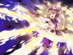  1girl arm_up armpits belt black_belt blonde_hair blush bracelet brown_eyes collared_shirt earmuffs frilled_skirt frills gold_bracelet gold_shoes gradient_clothes hand_on_weapon jewelry light_particles light_rays makuwauri medium_hair purple_background purple_ribbon purple_skirt ribbon ritual_baton shirt shoes skirt sky sleeveless sleeveless_shirt smile solo star_(sky) starry_sky sword touhou toyosatomimi_no_miko weapon 