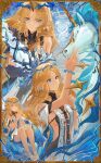  2girls absurdres bare_legs bare_shoulders black_dress blonde_hair blue_eyes breasts cartethyia_(wuthering_waves) closed_eyes closed_mouth commentary crown_of_thorns dress dual_persona earrings fleurdelys_(wuthering_waves) floating_earrings hand_up highres holding holding_sword holding_weapon horns imperator_(wuthering_waves) jewelry long_hair multiple_girls multiple_views necklace own_hands_clasped own_hands_together parted_bangs parted_lips pointy_ears saltyz sandals sidelocks single_horn small_breasts smile sword tabard tacet_mark_(wuthering_waves) unicorn weapon white_tabard wuthering_waves yellow_horns 