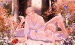  2boys absurdres apple blonde_hair blue_butterfly brothers bug butterfly camellia candle closed_mouth flower food fruit grey_eyes highres knee_up light_rays looking_at_viewer lying male_focus millions_knives multiple_boys nipples on_stomach outdoors pectoral_cleavage pectorals robe siblings sitting sunbeam sunlight trigun trigun_stampede vash_the_stampede white_robe yakikesen 