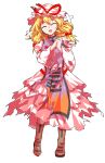  1girl alphes_(style) bandaid beaten blonde_hair boots breasts brown_boots closed_eyes commentary_request dairi dress full_body hat hat_ribbon highres large_variant_set layered_dress mob_cap open_mouth own_hands_clasped own_hands_together parody ribbon sidelocks smile solo style_parody tabard tachi-e tears torn_clothes torn_dress torn_hat torn_ribbon touhou transparent_background variant_set yakumo_yukari 