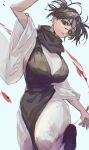  1girl black_hair black_scarf blood breasts cowboy_shot facial_mark genderswap genderswap_(mtf) grey_eyes highres large_breasts leg_up mu_kmijj robe scarf short_twintails solo twintails white_background white_robe 