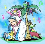 2022 2_toes 3_toes altermentality ambiguous_gender anthro banjo-kazooie bat blonde_hair blue_eyes blue_sky buckteeth cape cellphone chameleon cheek_tuft claws closed_smile clothed clothed_anthro clothed_female clothing cloud coconut colored crossover crown digital_drawing_(artwork) digital_media_(artwork) donkey_kong_(series) drupe_(fruit) earbuds electronics english_description eyes_closed facial_tuft fangs feet female feral food fruit fur green_body green_skin group hair hanging_upside_down happy headgear headphones hi_res holding_cellphone holding_object holding_phone humanoid jinjo king king_k._rool kremling lagomorph larger_anthro larger_male laylee leaning_on_tree lizard long_hair looking_at_another male mammal mario_bros mario_plus_rabbids_kingdom_battle membrane_(anatomy) membranous_wings mostly_nude mouth_closed multicolored_body multicolored_skin musical_note musical_symbol necktie necktie_only nintendo noseless on_another outside palm_tree pawpads phone pink_clothing pink_eyes pink_inner_ear pink_shirt pink_topwear plant playtonic_games purple_body purple_fur rabbid rabbid_kong rabbid_peach rareware raving_rabbids rayman_(series) red_cape red_clothing red_necktie red_nose reptile royalty scalie shaded shirt sitting sitting_on_ground size_difference sky smaller_ambiguous smaller_anthro smaller_female smaller_feral smaller_humanoid smile symbol tan_body tan_eyelids tan_inner_ear tan_pawpads tan_skin tan_wings teeth toe_claws toes topwear tree tuft two_tone_body two_tone_skin ubisoft upside_down white_body white_claws white_fur wings yellow_body yellow_skin yooka yooka-laylee