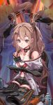  1girl 2boys absurdres black_gloves black_shorts blush bottle breasts brown_eyes brown_hair cleavage closed_mouth commentary english_commentary faceless faceless_male floof girls&#039;_frontline girls&#039;_frontline_2:_exilium gloves hair_brush hair_fan hair_ornament hairclip highres holding k2_(girls&#039;_frontline) long_hair multiple_boys navel one_side_up shorts sitting smile yoohee_(girls&#039;_frontline_2) 
