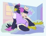 2025 4_toes anisodactyl anthro avian beak bed bird black_body black_feathers bodily_fluids brown_eyes bubblepuppers clothing corvid corvus_(genus) crow diaper digital_media_(artwork) feathers feet furniture gambit_(the_corvid) genital_fluids hi_res light light_beam male onesie oscine pacifier passerine plushie poster purple_body purple_feathers solo sunbeam sunlight toes unclean_diaper urine used_diaper wet_diaper window