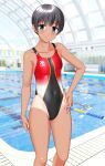  1girl absurdres ben-day_dots black_hair black_one-piece_swimsuit blue_eyes breasts clothes_writing competition_swimsuit covered_navel dark-skinned_female dark_skin feet_out_of_frame glass_ceiling hand_on_own_hip highleg highleg_one-piece_swimsuit highres indoors lane_line multicolored_swimsuit one-piece_swimsuit one-piece_tan original pool screentones short_hair small_breasts solo string_of_flags swimsuit takafumi tan tanlines variant_set 