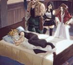  2boys 2girls :3 aerith_gainsborough barret_wallace black_hair blonde_hair body_pillow brown_hair character_doll closed_eyes cloud_strife cuddling doll dress facial_hair final_fantasy final_fantasy_vii final_fantasy_vii_remake implied_yaoi indoors jacket long_hair multiple_boys multiple_girls on_bed pillow red_jacket sephiroth skirt sleeping sleeveless sleeveless_turtleneck spiked_hair tatamu thighhighs tifa_lockhart turtleneck unaware watching 