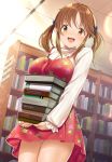  1girl :d bangs blush book_stack bookshelf breast_rest breasts brown_eyes brown_hair carrying commentary_request cowboy_shot dress english_text eyebrows_visible_through_hair frilled_sleeves frills highres idolmaster idolmaster_cinderella_girls kazu large_breasts library long_hair long_sleeves looking_at_viewer open_mouth panties pantyshot pantyshot_(standing) red_dress sidelocks smile solo standing sweater tareme totoki_airi twintails underwear upper_teeth upside-down white_panties white_sweater 