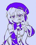  1girl bare_shoulders beret blue_theme collared_shirt detached_sleeves hand_up hat highres long_sleeves looking_at_viewer monochrome necktie r_mame_n shirt short_hair sleeveless sleeveless_shirt solo upper_body utane_uta utau w 
