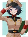  1girl akane_(akaneoekaki0928) aqua_background belt black_belt black_hair blue_eyes blush_stickers border breasts bright_pupils brown_hat brown_jacket clipboard closed_mouth commentary_request earth_federation gundam gundam_gquuuuuux hat highres holding holding_clipboard jacket large_breasts long_sleeves looking_at_viewer military_hat military_jacket military_uniform outside_border salute shiiko_sugai short_hair smile solo twitter_username upper_body white_border white_pupils 