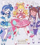  &gt;_&lt; 3girls aikatsu! aikatsu!_(series) aikatsu365 ankle_boots blonde_hair blue_eyes blue_hair blue_skirt blush boots bow brown_hair choker closed_eyes color_connection cosplay cure_idol cure_kyunkyun cure_kyunkyun_(cosplay) cure_wink detached_collar double_bun dress embarrassed full-face_blush hair_bow hair_bun halterneck happy headset heart highres hoshimiya_ichigo kimi_to_idol_precure kiriya_aoi knee_boots looking_at_viewer multiple_girls outstretched_arms pink_skirt precure purple_dress red_eyes shibuki_ran skirt smile thigh_boots white_boots 