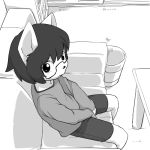 2015 anthro cat clothing covering covering_crotch covering_self cub digital_media_(artwork) eyewear feline glasses high-angle_view inside invalid_tag long_sleeve looking_at_viewer looking_up male mammal manmosu_marimo monochrome shorts shota_feline_(marimo) sitting sofa solo young 
