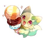  blush commentary_request drooling fang food highres holding holding_food holding_ice_cream ice_cream ice_cream_cone no_humans open_mouth pink_eyes pokemon pokemon_(creature) pokemon_focus rearing revision simple_background smile solo sprigatito standing white_background yupo_0322 