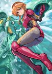  1girl absurdres ass bodysuit gloves gundam gundam_zz highres looking_at_viewer mecha mecha_pilot_suit mobile_suit okrdisk2000 orange_hair purple_eyes puru_two quin_mantha robot science_fiction short_hair solo 