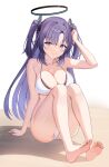  1girl absurdres alternate_costume bikini black_halo blue_archive breasts hair_ornament halo highres large_breasts long_hair looking_at_viewer mechanical_halo purple_eyes purple_hair sitting smile sob_(submar1089) solo swimsuit triangle_hair_ornament two_side_up white_bikini yuuka_(blue_archive) 