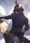 1boy abs animal_ears bara bird commentary_request from_behind furry furry_male highres holding holding_sword holding_weapon looking_at_viewer looking_back male_focus mask mouth_mask muscular muscular_male pectorals ponzu_tas rolf_(world_flipper) scar scar_on_back scar_on_shoulder scar_on_stomach sweat sword tail topless_male weapon wolf_boy wolf_ears wolf_tail world_flipper 