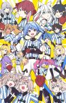  6+girls :d ;) ahoge animal_ear_fluff animal_ears arms_up ball baseball_(object) baseball_bat baseball_mitt baseball_uniform black_gloves blonde_hair blue_bow blue_eyes blue_hair blue_hairband blush bow braid breasts brown_eyes brown_shoes carrot_hair_ornament clenched_hand closed_mouth clothes_writing commentary_request crossed_arms dark-skinned_female dark_skin dog_ears elf fake_horns food-themed_hair_ornament fuwawa_abyssgard gloves goggles goggles_on_head green_eyes grey_hair grin hair_between_eyes hair_bow hair_intakes hair_ornament hairband hairclip headgear highres holding holding_ball holding_baseball_bat hololive hololive_english hololive_indonesia horns hoshimachi_suisei houshou_marine kaela_kovalskia kazama_iroha kikirara_vivi kiritoma large_breasts layered_sleeves long_hair long_sleeves low_twintails metal_baseball_bat mococo_abyssgard moona_hoshinova multicolored_hair multiple_girls one_eye_closed ookami_mio oozora_subaru otonose_kanade pants parted_lips pink_hair pink_hairband pointy_ears ponytail purple_hair rabbit-shaped_pupils rabbit_ears red_eyes red_hair shirakami_fubuki shiranui_flare shirogane_noel shirt shoes short_eyebrows short_hair short_over_long_sleeves short_sleeves smile sportswear striped_clothes striped_shirt symbol-shaped_pupils thick_eyebrows twin_braids twintails two-tone_hair usada_pekora vertical-striped_clothes vertical-striped_shirt very_long_hair virtual_youtuber white_bow white_hair white_pants wolf_ears x_hair_ornament yozora_mel 