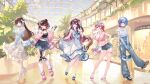  5girls azki_(hololive) azki_(holonatsu_paradise)_(hololive) bag black_camisole black_choker black_hair blue_arm_warmers blue_eyes blue_jacket blue_pants blue_sailor_collar blue_shoes blue_shorts blue_sky bow brown_hair camisole choker closed_mouth colored_inner_hair denim denim_shorts double-parted_bangs double_bun dress eyewear_on_head flower flower_hairpin full_body gradient_hair green_eyes hair_between_eyes hair_bow hair_bun hair_flaps hair_flower hair_ornament hand_on_own_hip hand_up high_heels hololive holonatsu_paradise hoshimachi_suisei hoshimachi_suisei_(holonatsu_paradise) indoors jacket jeans leg_warmers long_hair looking_at_viewer mechanical_legs midriff multicolored_hair multiple_girls navel noir_eku off_shoulder official_alternate_costume official_alternate_hair_length official_alternate_hairstyle official_art open_mouth outside_border pants pink_hair pink_jacket pink_shirt pink_shoes pleated_skirt purple_eyes roboco-san roboco-san_(holonatsu_paradise) sailor_collar sailor_dress sakura_miko sakura_miko_(holonatsu_paradise) sandals shirt shirt_tucked_in shoes short_hair short_twintails shorts shoulder_bag single_side_bun skirt skirt_hold sky sleeveless sleeveless_dress smile sneakers streaked_hair sunglasses t-shirt thigh_strap tokino_sora tokino_sora_(holonatsu_paradise) torn_clothes torn_jeans torn_pants twintails virtual_youtuber white_dress white_hair white_leg_warmers white_shirt white_shoes 