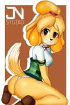  2018 animal_crossing anthro black_nose blonde_hair breasts brown_background brown_eyes butt canine clothed clothing dog female footwear fur hair hairband half-closed_eyes isabelle_(animal_crossing) jnstudio looking_at_viewer mammal nintendo panties shih_tzu shirt shoes short_hair simple_background smile solo two_tone_background underwear video_games white_background yellow_fur 
