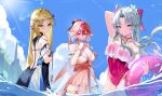  3girls absurdres ahoge arm_behind_head arm_under_breasts arm_up ass bare_shoulders black_bow black_collar black_dress blue_eyes blue_sky blush body_markings bow breasts carlotta_(splashing_summer)_(wuthering_waves) carlotta_(wuthering_waves) cartethyia_(wuthering_waves) casual_one-piece_swimsuit changli_(laurel_nymph)_(wuthering_waves) changli_(wuthering_waves) cleavage closed_mouth collar colored_extremities commentary_request crown_of_thorns day dress earrings finger_to_mouth flower frilled_one-piece_swimsuit frills grey_hair hair_between_eyes hair_bow hair_extensions hair_flower hair_ornament hand_up head_wreath highleg highleg_one-piece_swimsuit highres hiromi_two holding holding_swim_ring jewelry large_breasts long_hair looking_at_viewer medium_breasts multicolored_hair multiple_girls off-shoulder_one-piece_swimsuit off_shoulder official_alternate_costume one-piece_swimsuit orange_eyes outdoors parted_bangs parted_lips phoebe_(wuthering_waves) pink_bow pink_dress pink_hair pink_one-piece_swimsuit pointy_ears red_hands remnant_cube_(wuthering_waves) ring_hair_extensions sidelocks sky smile striped_bow swim_ring swimsuit thighlet thighs two-tone_hair white_flower white_hair wuthering_waves 