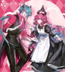  1boy 1girl :d absurdres apron aqua_hair argyle_background arknights arm_behind_back black_dress black_eyes black_horns black_pants black_vest bright_pupils buttons cake cake_slice character_name chinese_commentary closed_mouth collared_shirt commentary_request cream diamond-shaped_pupils diamond_(shape) dress fang feet_out_of_frame fingernails food fruit heart highres holding holding_plate horns juliet_sleeves light_particles long_dress long_hair long_sleeves maid_apron mitm_(arknights) mole mole_under_mouth nail_polish necktie nymph_(arknights) open_mouth pants pink_background pink_eyes pink_hair pink_nails pink_shirt plate pointy_ears puffy_sleeves shirt skin_fang skirt_hold sleeve_garter sleeves_rolled_up smile standing strawberry symbol-shaped_pupils tie_clip tongxi65938_(mo_zuoren) vest waistcoat white_apron white_necktie white_pupils 